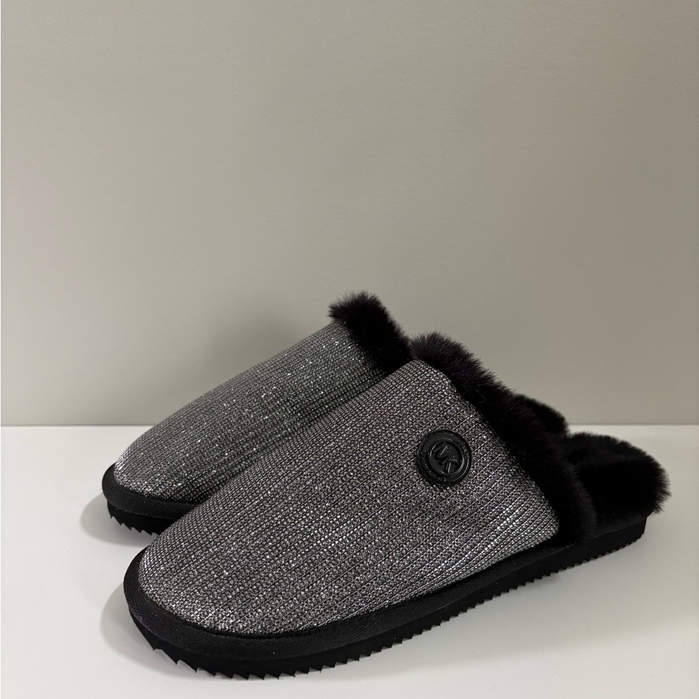 Michael Kors Janis Glittery Scuff Fur Slippers in Silver/Black